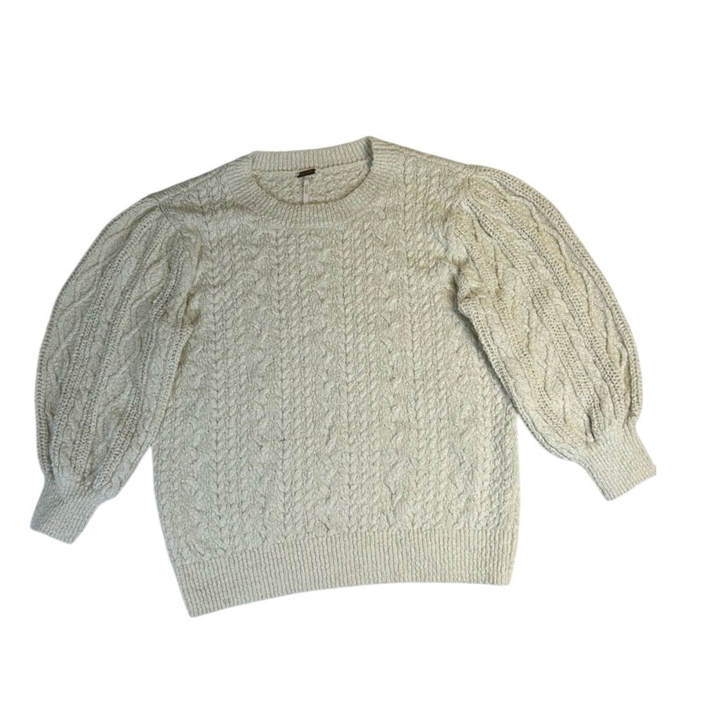 Free People Cream Cable-Knit Puff Sleeve Crew Sweater Size Large Cottagecore